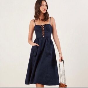 Reformation Ellen Linen Dress Navy Blue Size 2